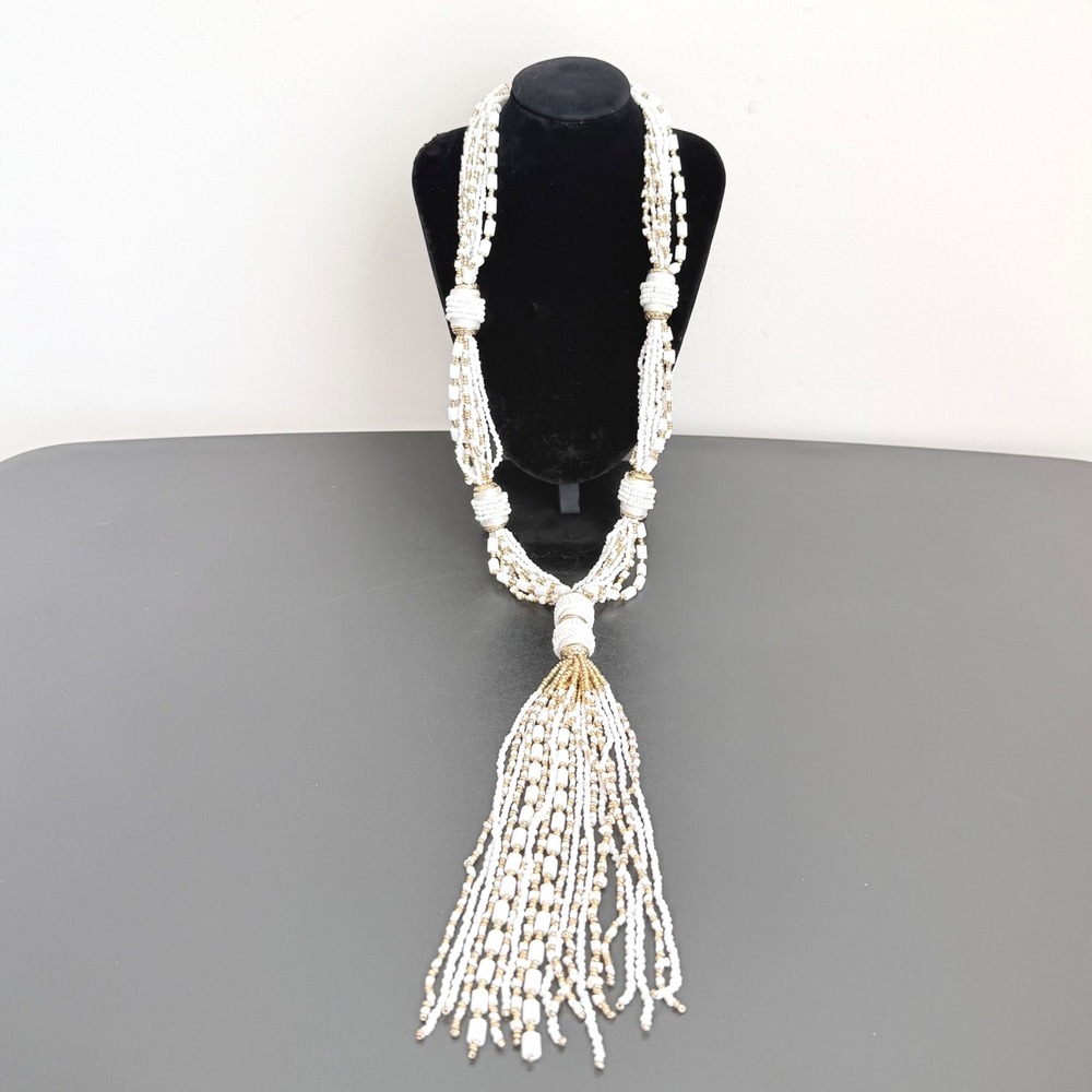 Tassel Necklace Womens White Gold Multi-Strand Seed Bead Boho Chic Statement